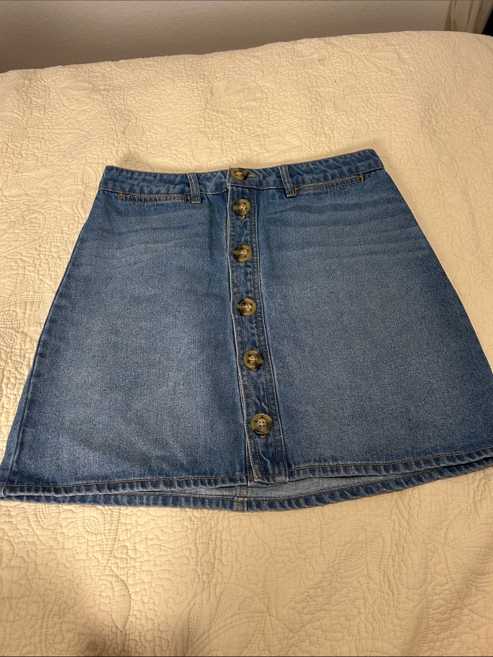 Harper Button-Front Denim A-Line Skirt in Light Blue